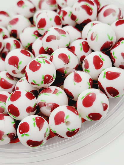 15mm Printed Red Apple Print Silicone Beads – Teacher School Theme Round Beads for Pens & Wristlets1