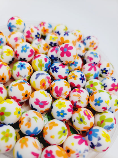 15mm Printed Bright Flower Print Silicone Beads – Round Floral Beads for Pens & Wristlets
