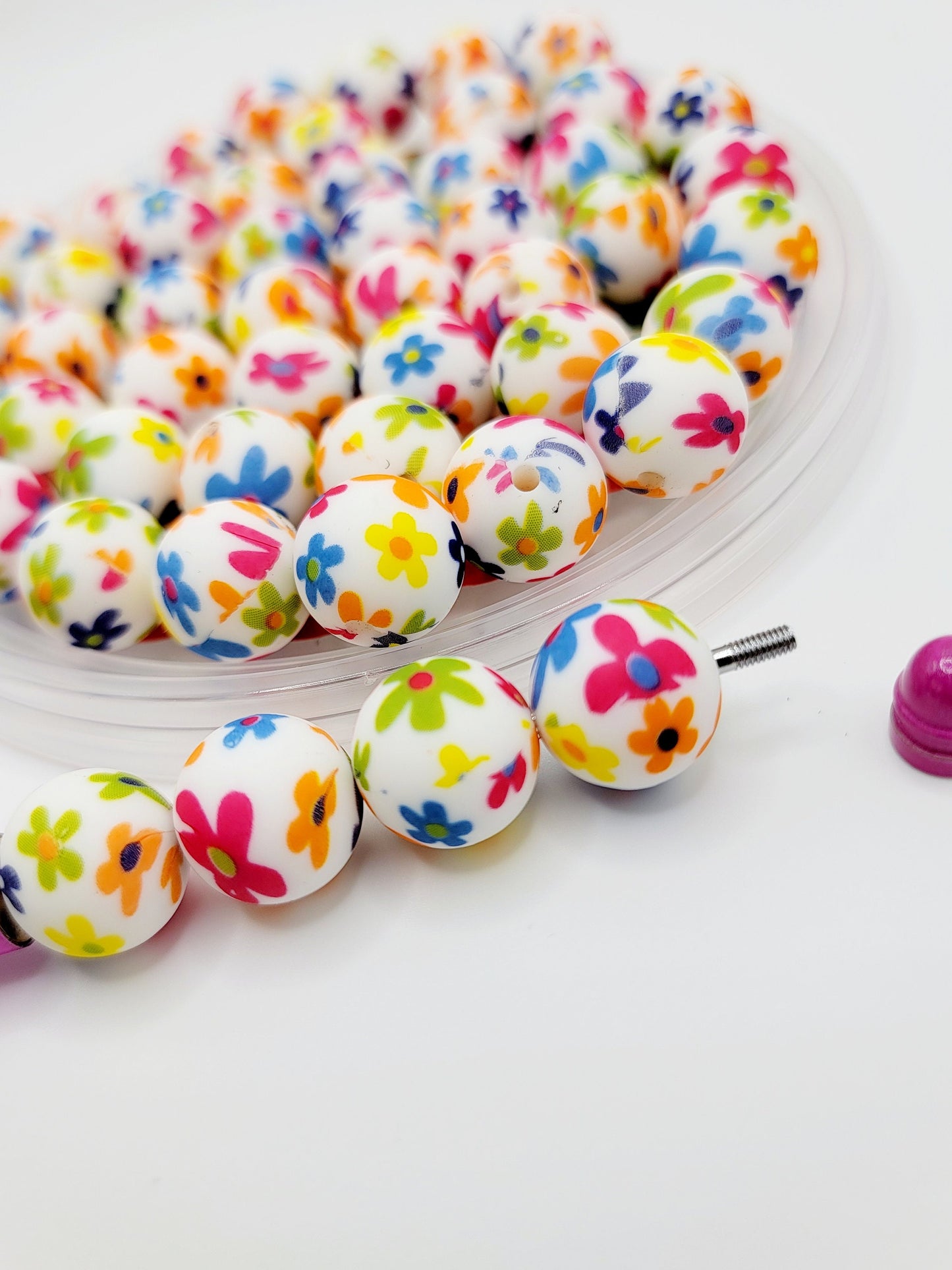 15mm Printed Bright Flower Print Silicone Beads – Round Floral Beads for Pens & Wristlets