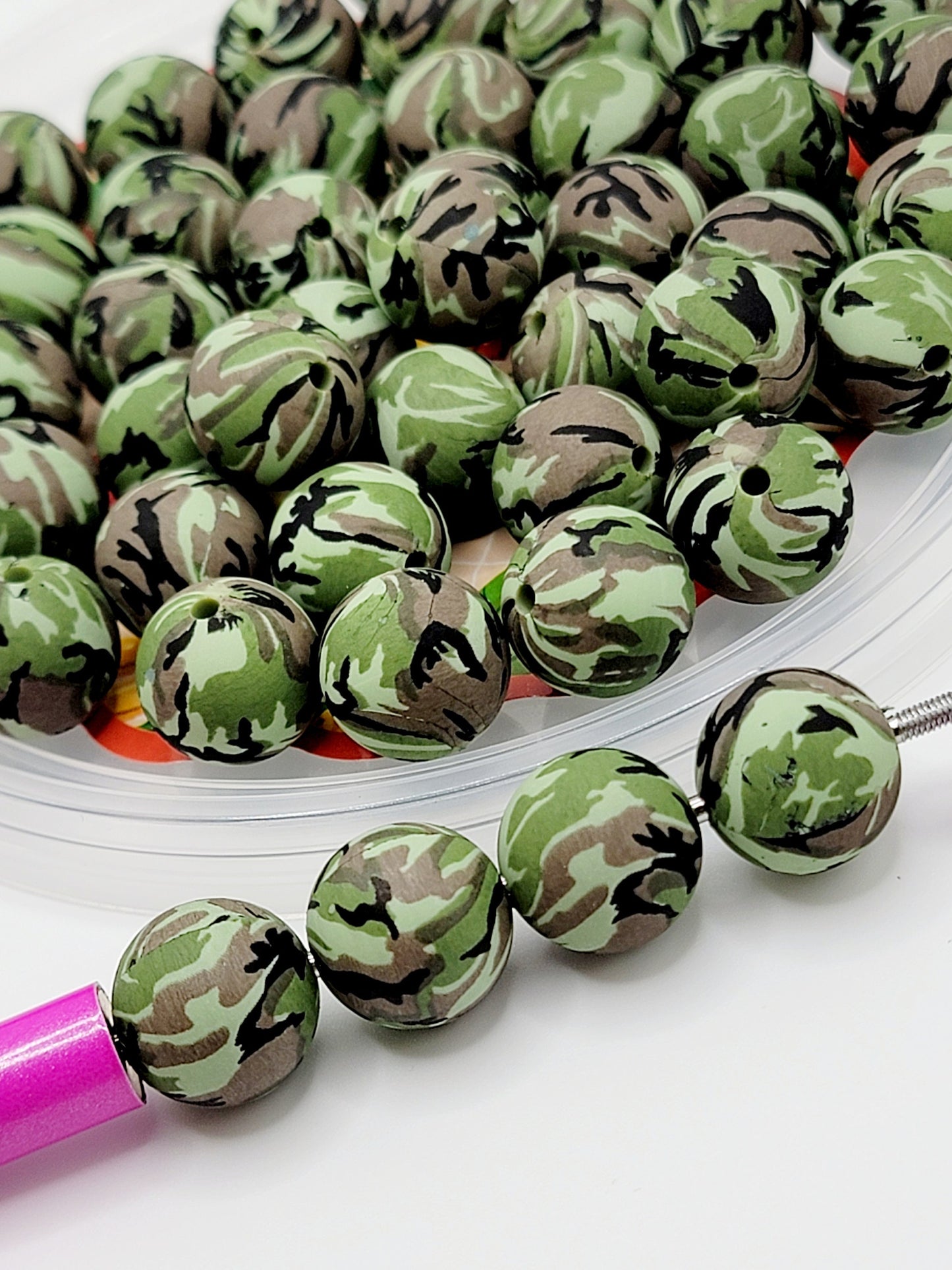 15mm Printed Camo Printed Silicone Beads – Military Round Beads for Pens & Wristlets