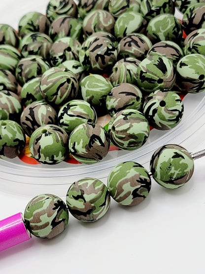 15mm Printed Camo Printed Silicone Beads – Military Round Beads for Pens & Wristlets