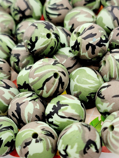 15mm Printed Camo Printed Silicone Beads – Military Round Beads for Pens & Wristlets