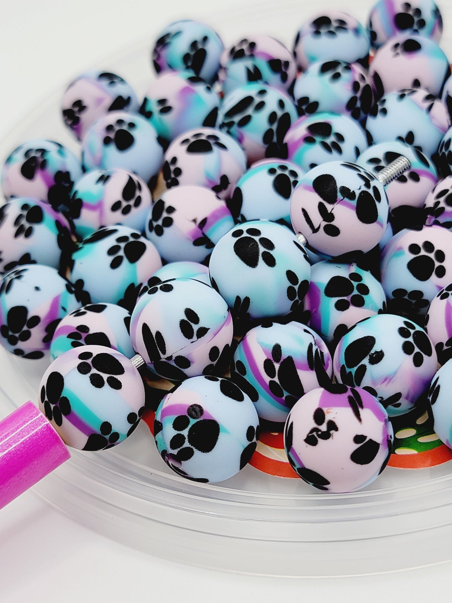 15mm Printed Purple, Pink & Blue Paw Print Silicone Beads – Round Pet Beads for Pens & Wristlets