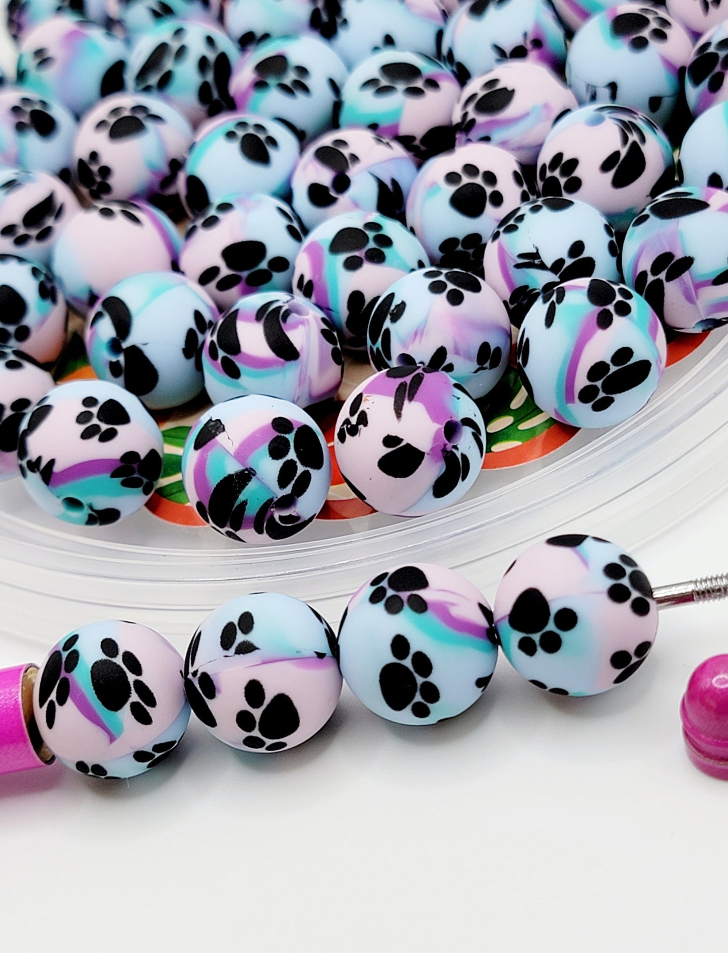15mm Printed Purple, Pink & Blue Paw Print Silicone Beads – Round Pet Beads for Pens & Wristlets
