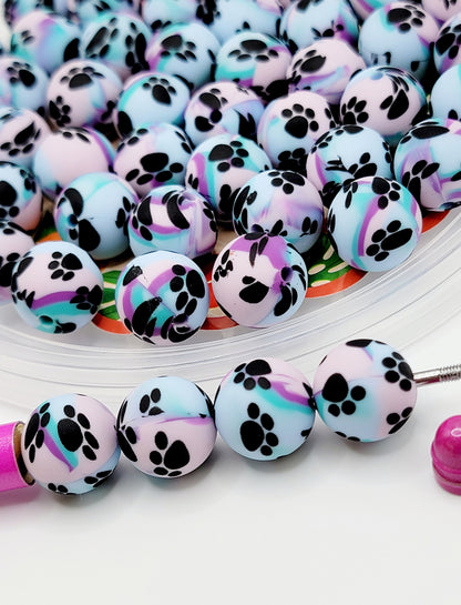 15mm Printed Purple, Pink & Blue Paw Print Silicone Beads – Round Pet Beads for Pens & Wristlets