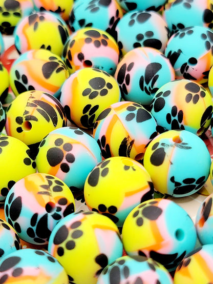 15mm Printed Rainbow Paw Print Silicone Beads – Round Pet Beads for Pens & Wristlets