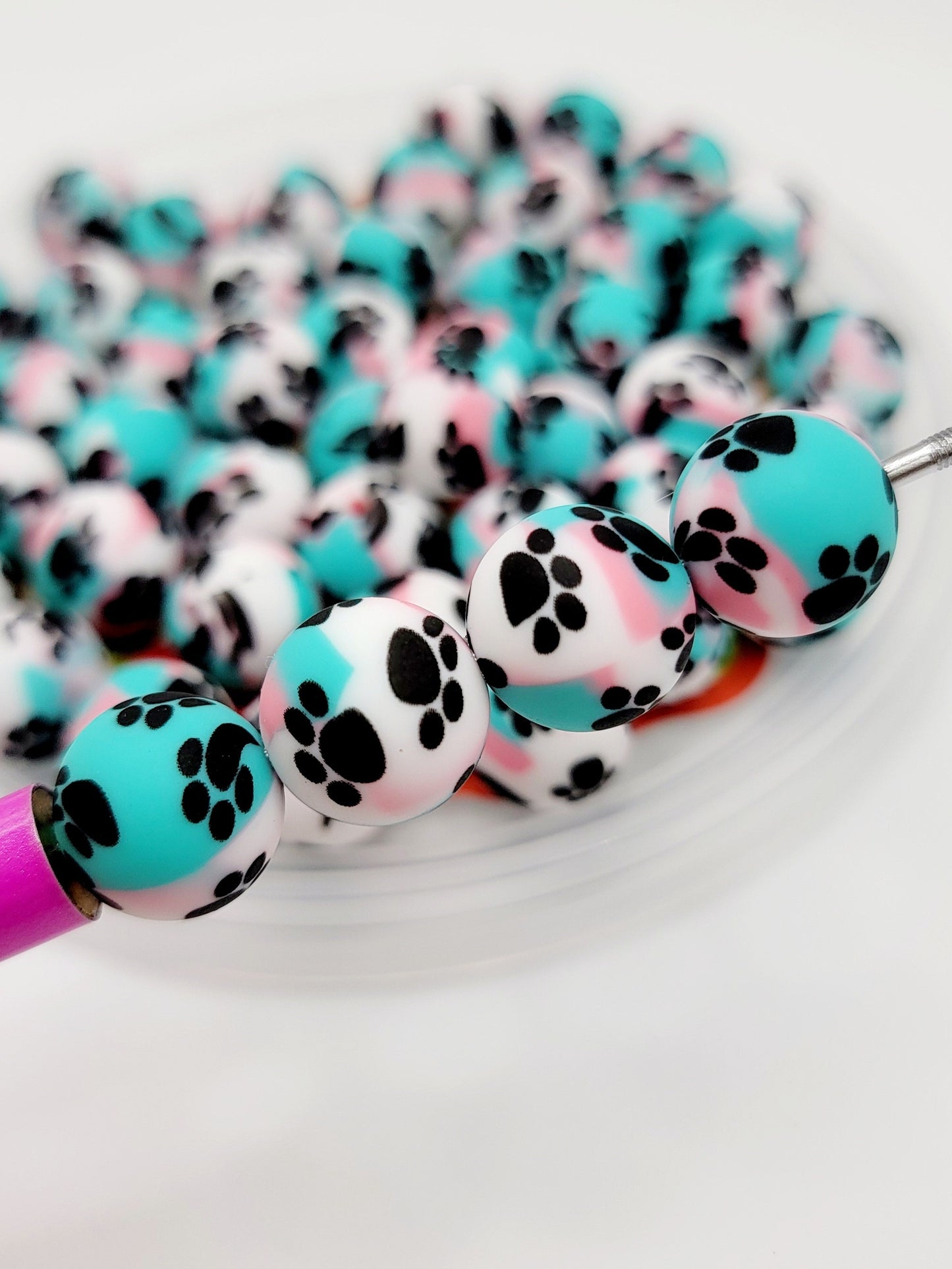 15mm Printed Turquoise Pink & White Paw Print Silicone Beads – Round Pet Beads for Pens & Wristlets