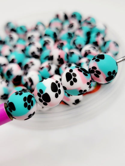 15mm Printed Turquoise Pink & White Paw Print Silicone Beads – Round Pet Beads for Pens & Wristlets