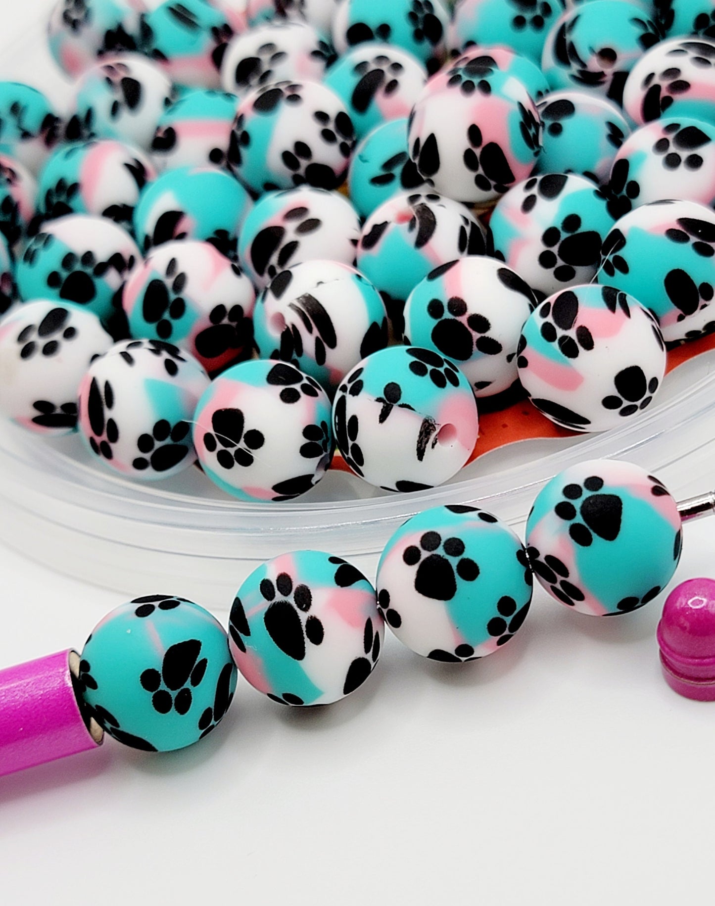 15mm Printed Turquoise Pink & White Paw Print Silicone Beads – Round Pet Beads for Pens & Wristlets