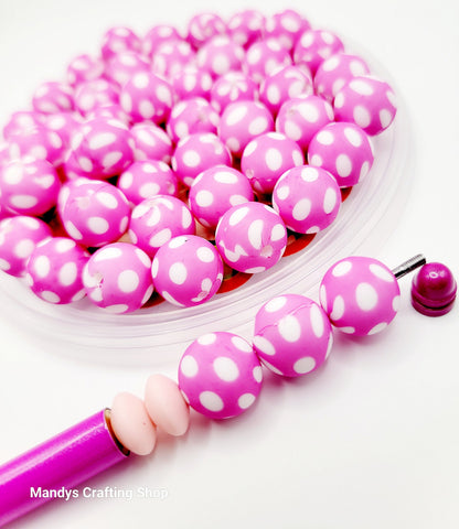 15mm Printed Pink Dot Print Silicone Bead – Polka Dot Round Beads for Pens & Wristlets