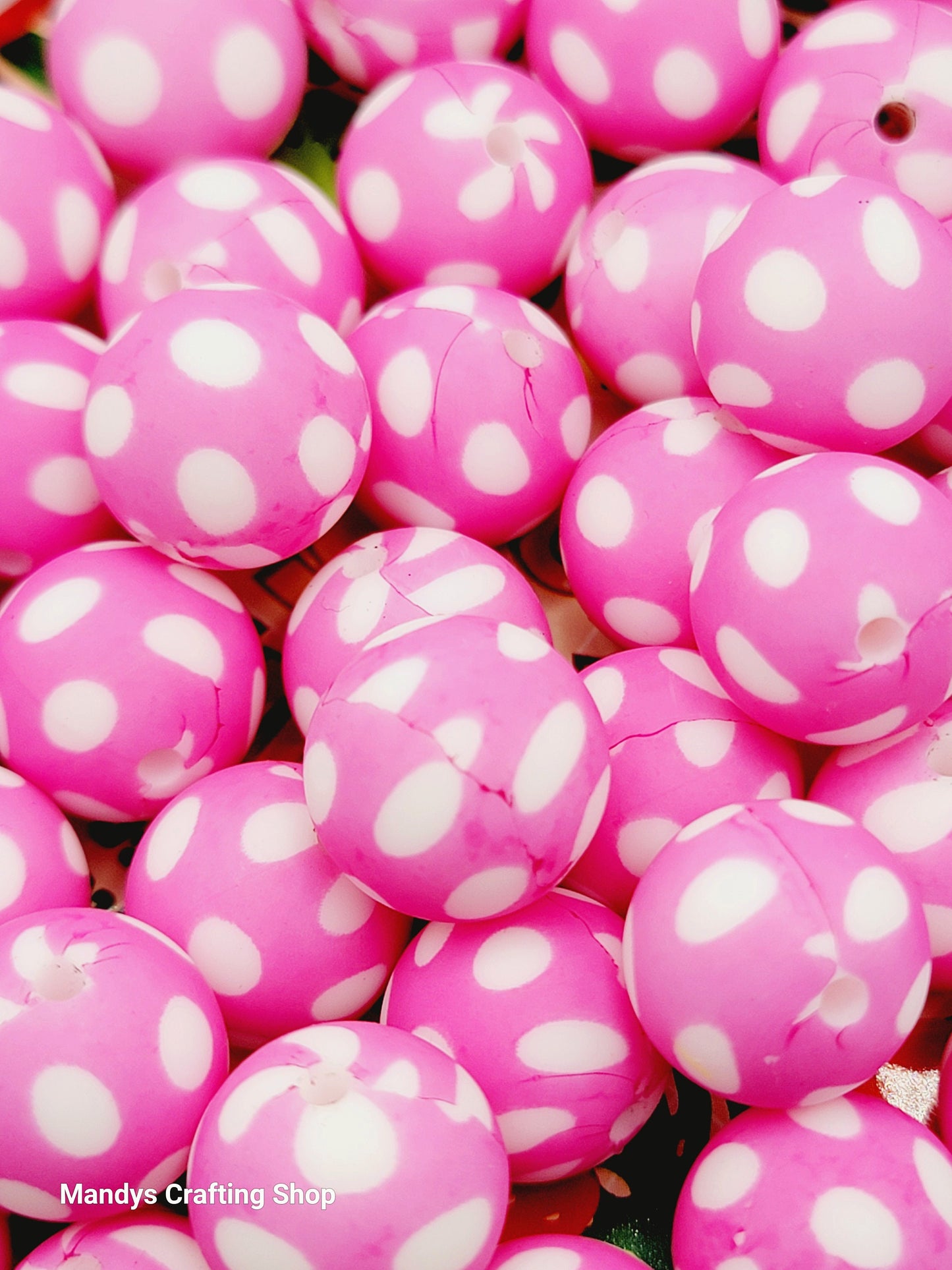 15mm Printed Pink Dot Print Silicone Bead – Polka Dot Round Beads for Pens & Wristlets
