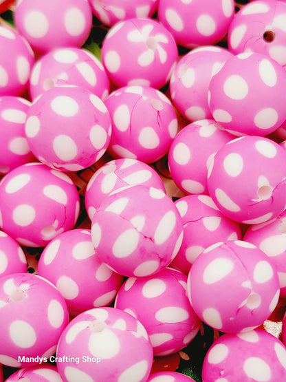 15mm Printed Pink Dot Print Silicone Bead – Polka Dot Round Beads for Pens & Wristlets