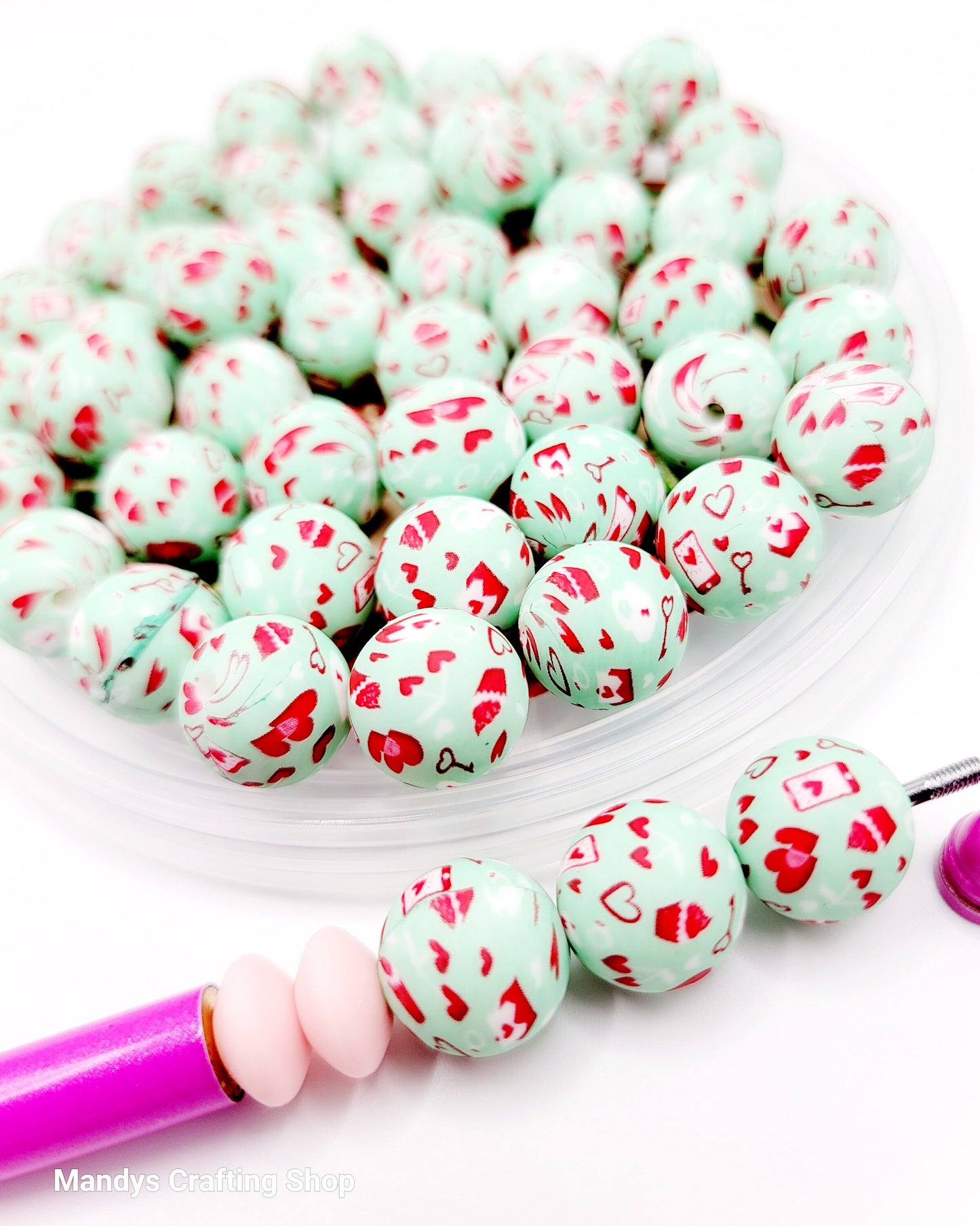 15mm Printed Mint Green Valentine Love Print Silicone Bead – Valentine Theme Round Spacer Beads for Pens & Wristlets
