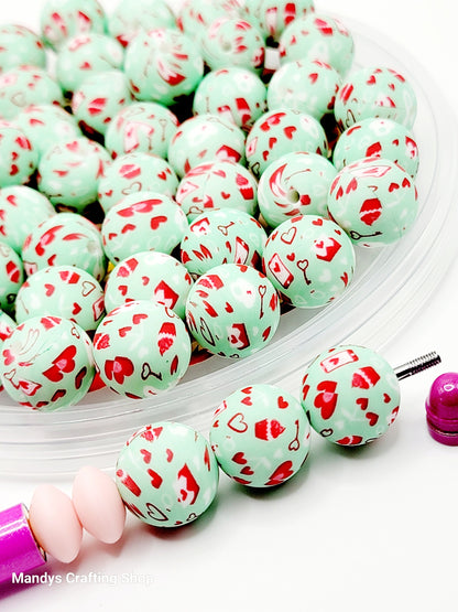 15mm Printed Mint Green Valentine Love Print Silicone Bead – Valentine Theme Round Spacer Beads for Pens & Wristlets