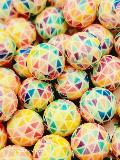 15mm Printed Colorful Triangles Print Silicone Bead – Rainbow Round Beads for Pens & Wristlets
