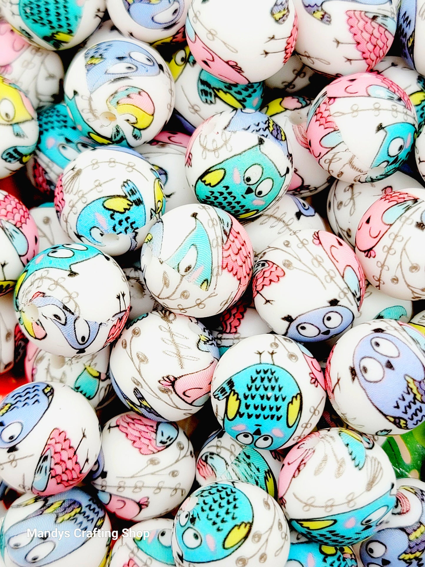 15mm Printed Cartoon Owl Print Silicone Bead – 15mm Round Bird Beads for Pens, Wristlets & Earrings