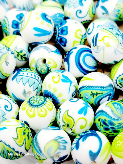 15mm Printed Green & Blue Paisley Print Silicone Beads – Round Spacer Beads for Pens & Wristlets