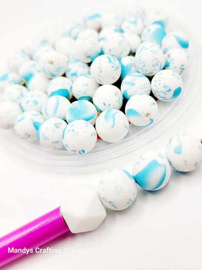 15mm Printed Blue & White Splatter Print Silicone Beads – Print Round Spacer Beads for Pens & Wristlets