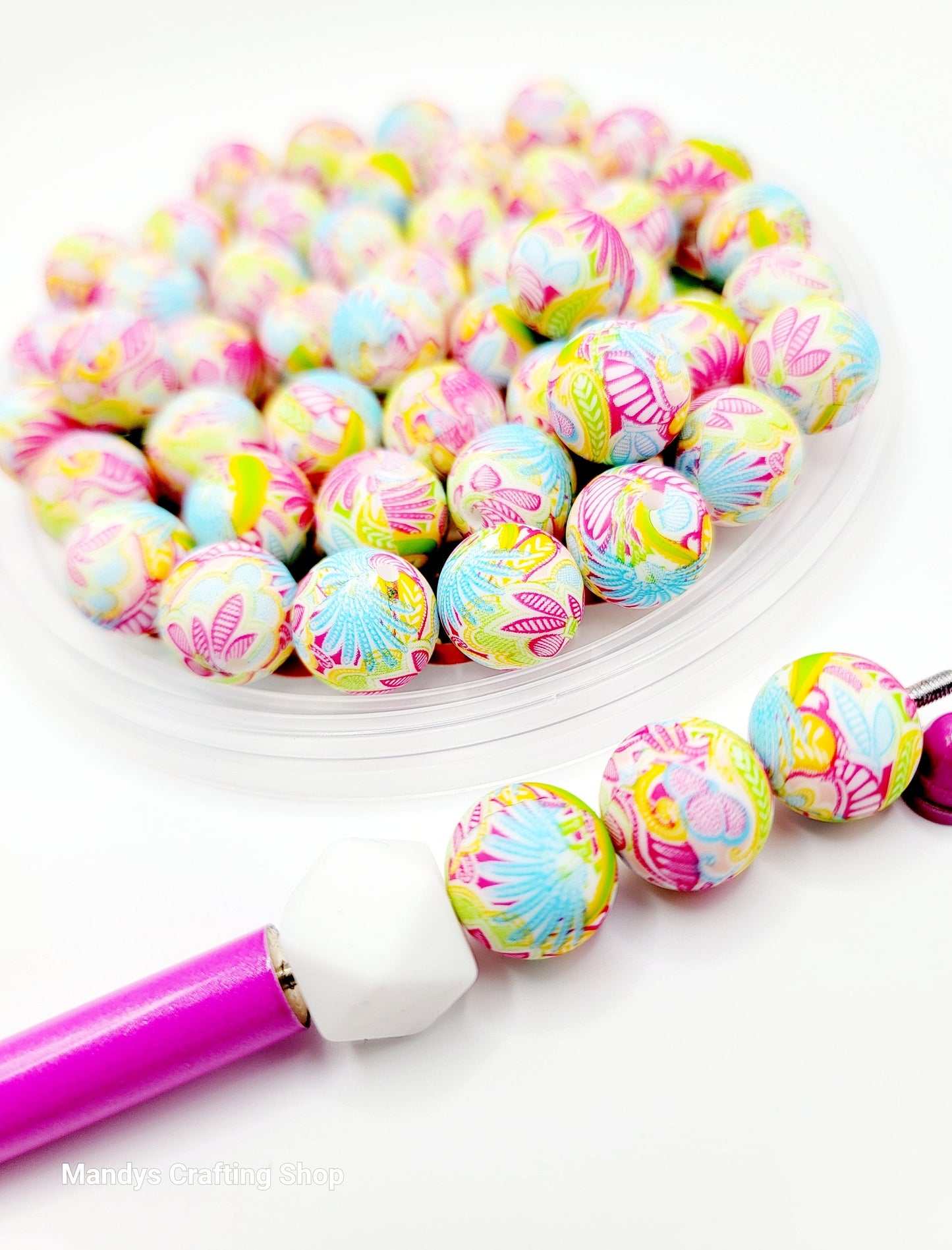 15mm Printed Tropical Floral Print Silicone Bead – Round Flower Beads for Pens & Wristlets
