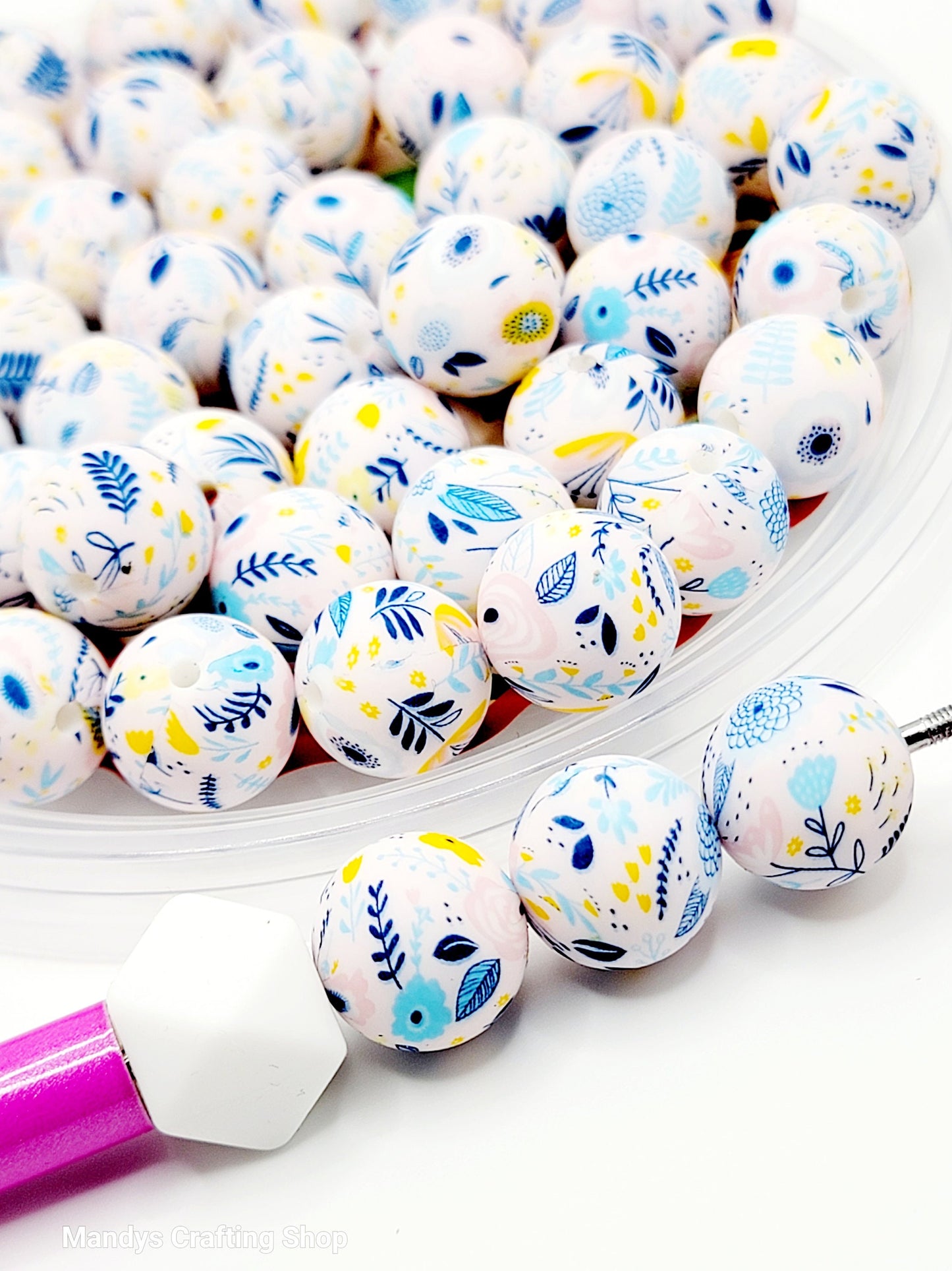 15mm Blue & Yellow Flower Print Silicone Bead – Round Floral Bead Spacers for Pens & Wristlets
