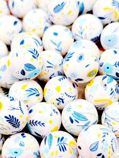 15mm Blue & Yellow Flower Print Silicone Bead – Round Floral Bead Spacers for Pens & Wristlets