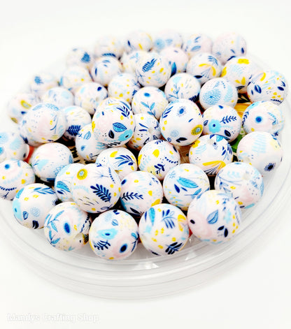 15mm Blue & Yellow Flower Print Silicone Bead – Round Floral Bead Spacers for Pens & Wristlets