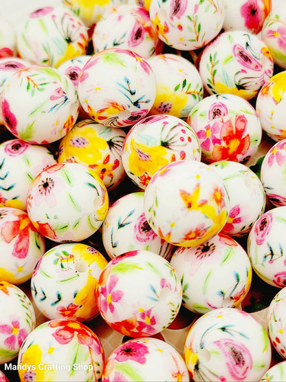 15mm Printed Wildflower Print Silicone Beads – Pink Floral Round Beads for Pens & Wristlets