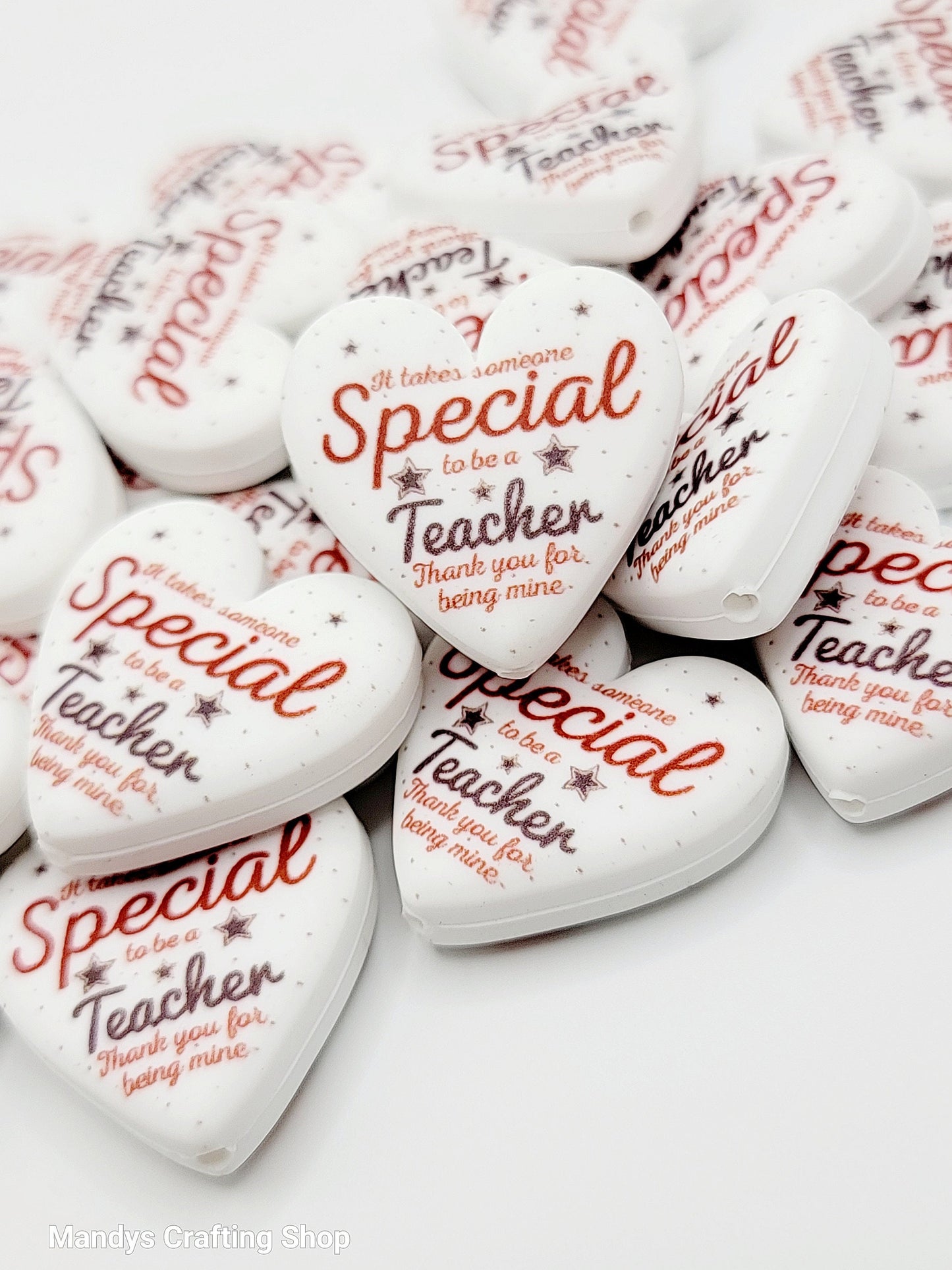 Special Teacher Heart Focal Bead – Printed Silicone Pen & Lanyard Bead (Set of 2)