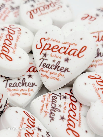 Special Teacher Heart Focal Bead – Printed Silicone Pen & Lanyard Bead (Set of 2)