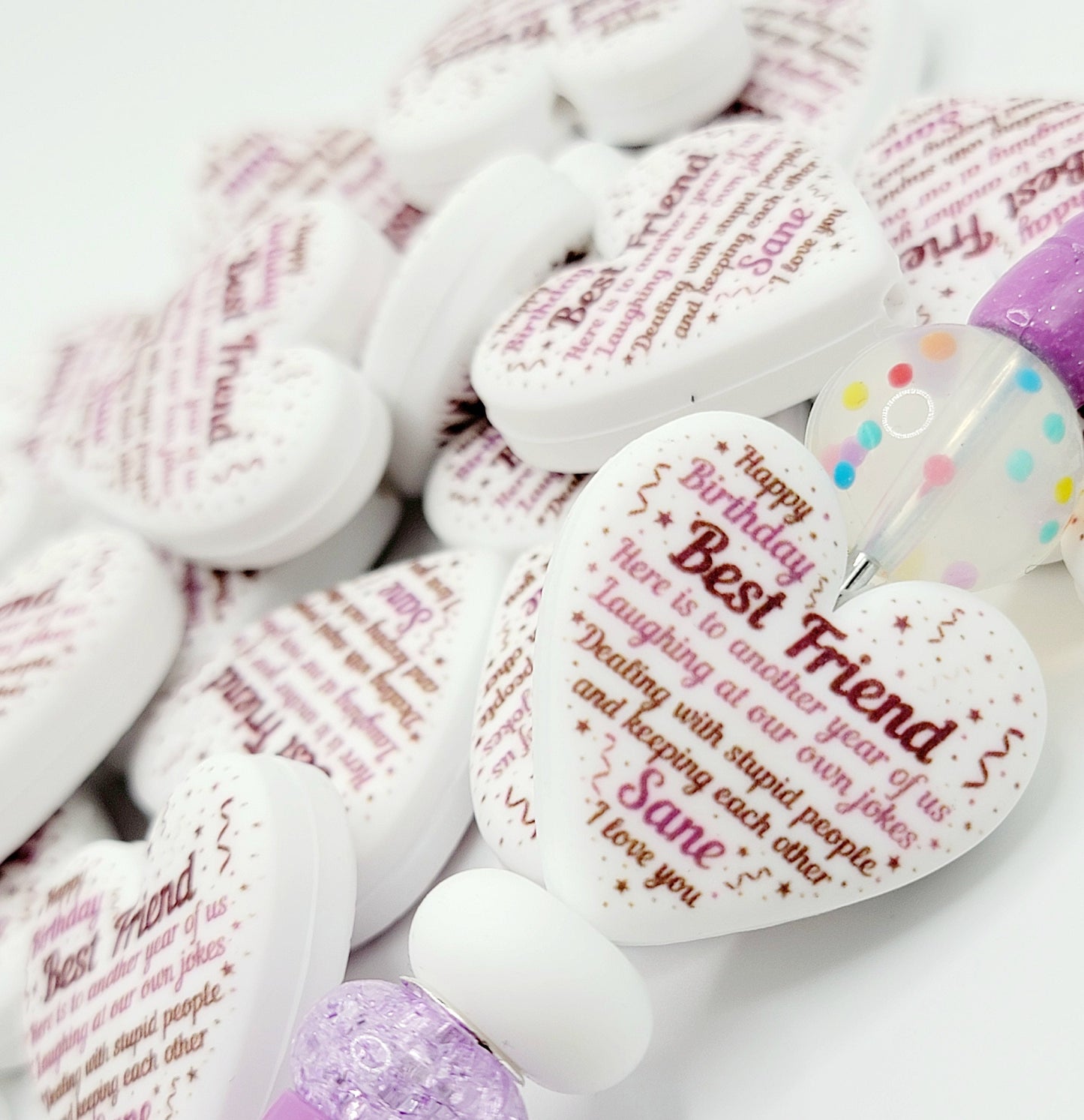 Best Friend Birthday Heart Focal Bead – Funny Printed Silicone Pen Bead (Set of 2)