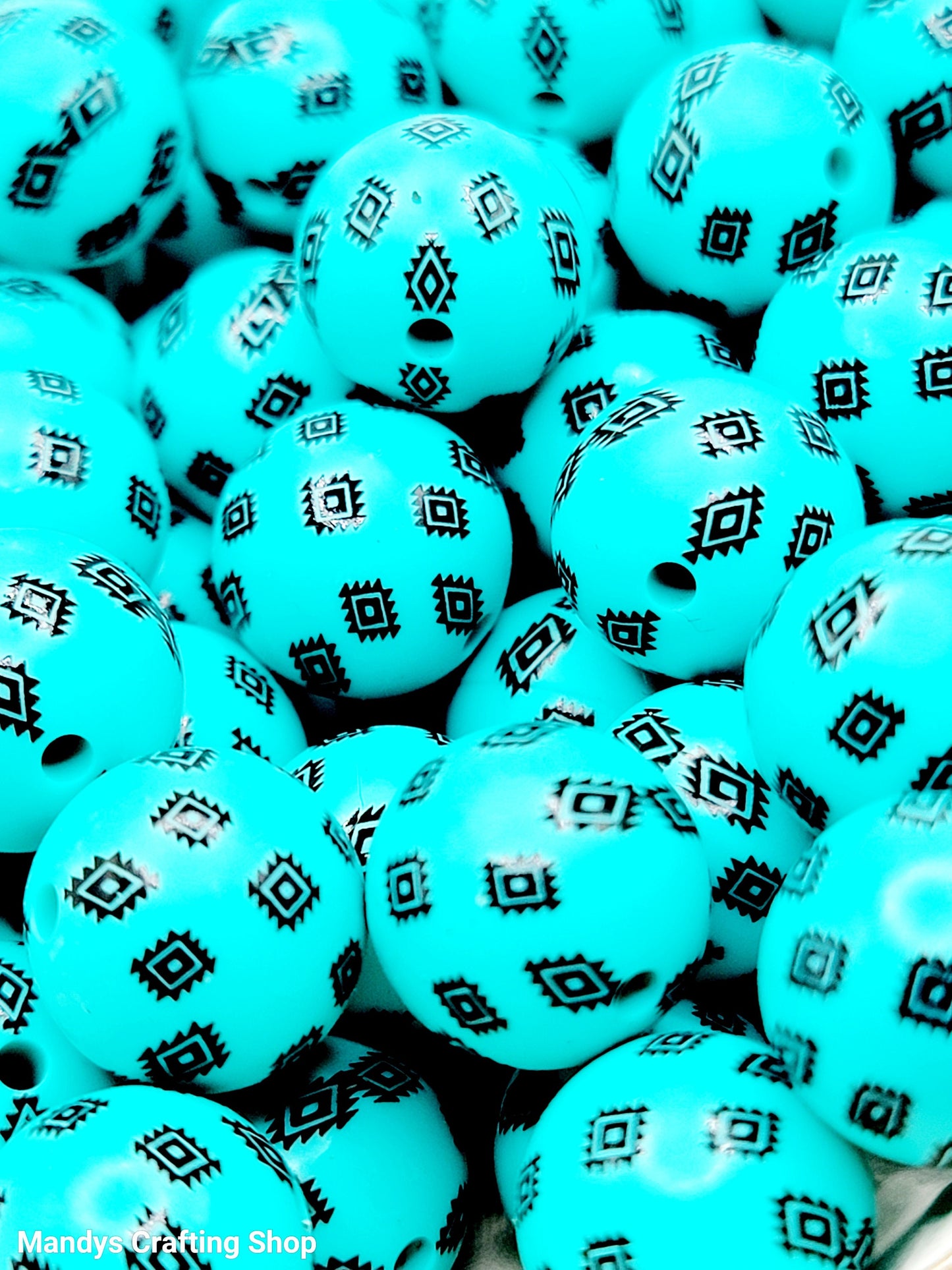 15mm Printed Turquoise Blue Aztec Western Print Silicone Beads – Western Theme Round Spacer Beads for Pens & Wristlets