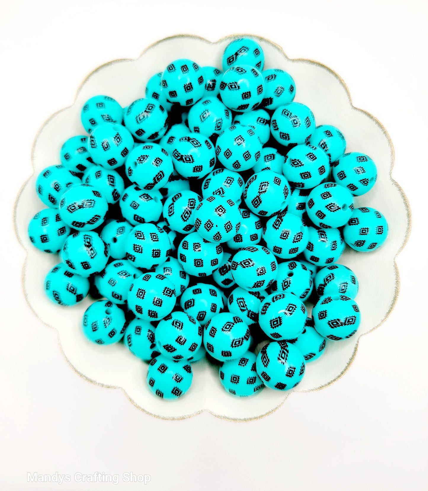 15mm Printed Turquoise Blue Aztec Western Print Silicone Beads – Western Theme Round Spacer Beads for Pens & Wristlets