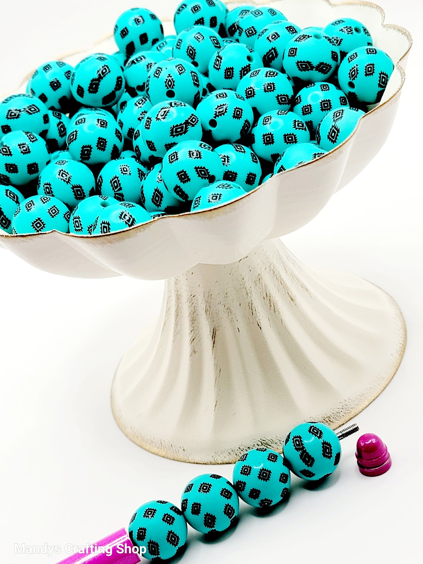 15mm Printed Turquoise Blue Aztec Western Print Silicone Beads – Western Theme Round Spacer Beads for Pens & Wristlets