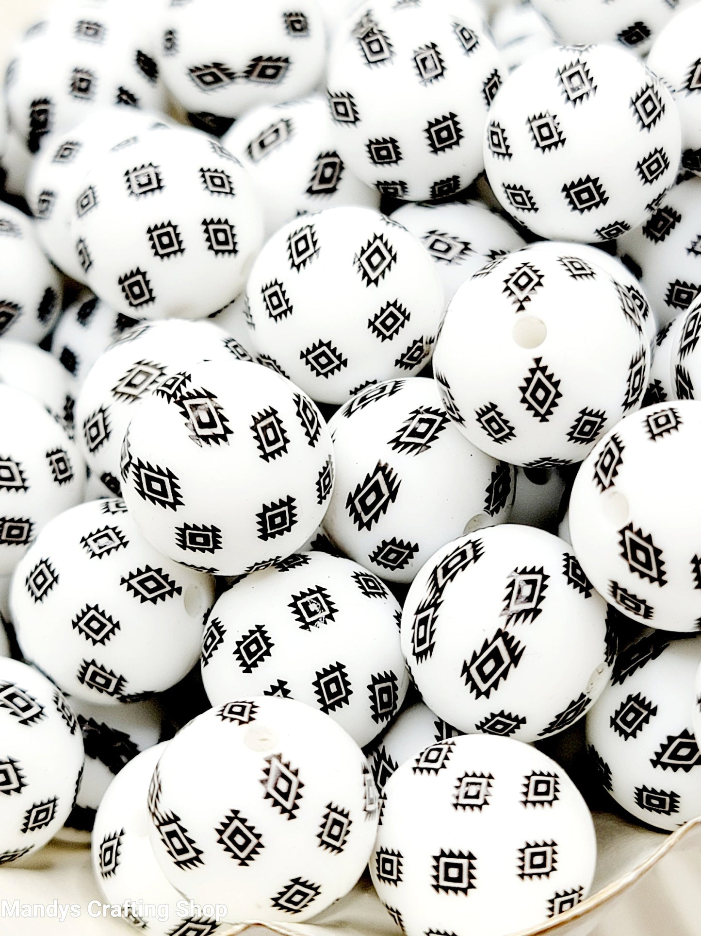 15mm Printed White Black Aztec Western Print Silicone Beads – Round Beads for Pens & Wristlets