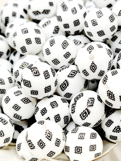 15mm Printed White Black Aztec Western Print Silicone Beads – Round Beads for Pens & Wristlets