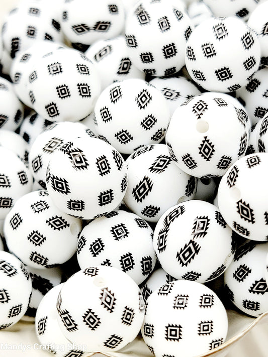 15mm Printed White Black Aztec Western Print Silicone Beads – Round Beads for Pens & Wristlets