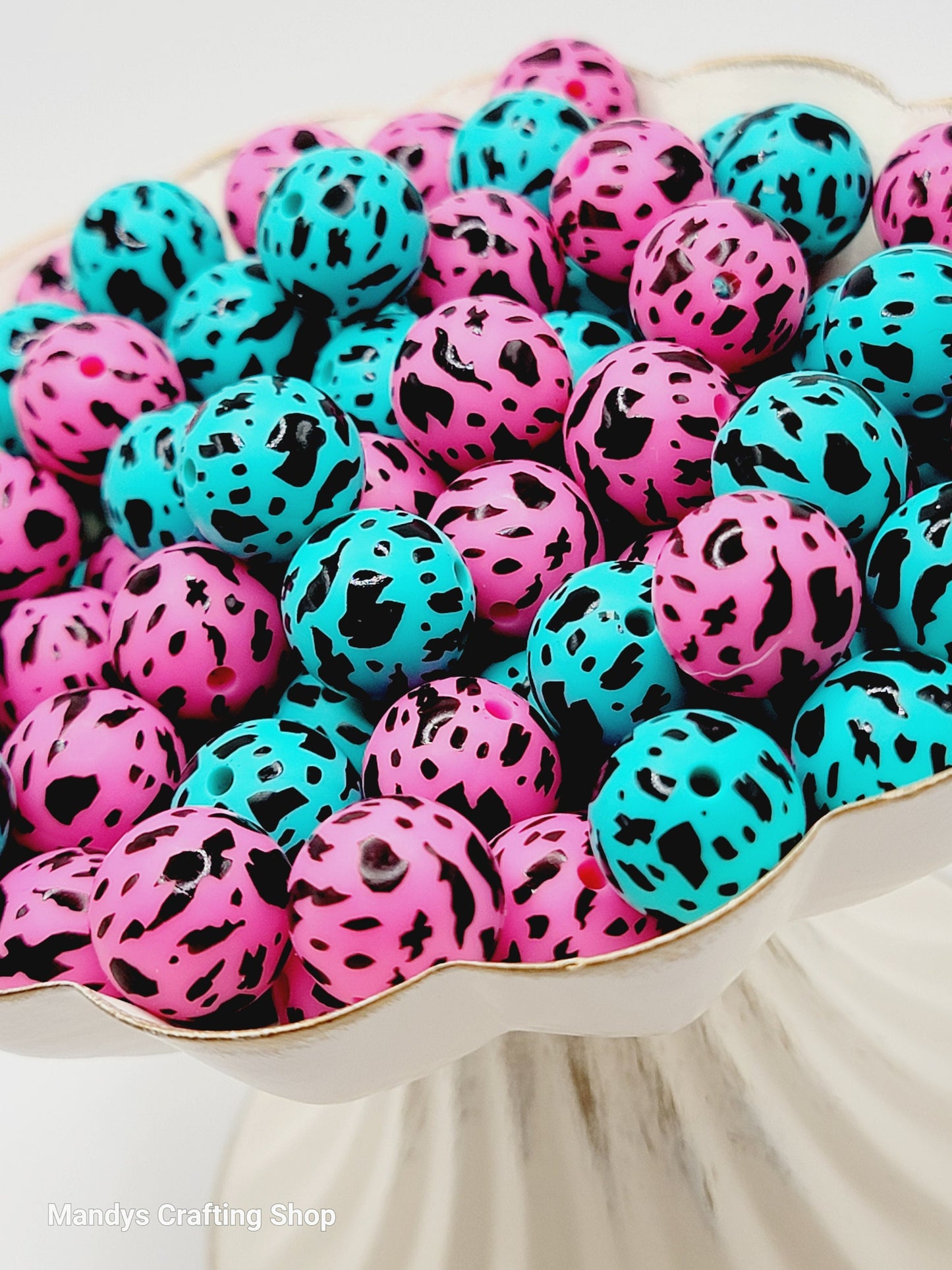 15mm Printed Turquoise or Hot Pink Cow Print Silicone Beads – Animal Print Round Beads for Pens & Wristlets