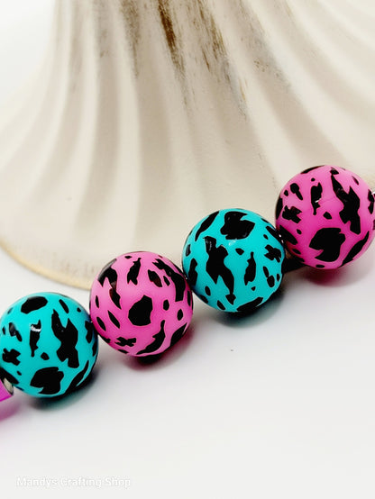 15mm Printed Turquoise or Hot Pink Cow Print Silicone Beads – Animal Print Round Beads for Pens & Wristlets