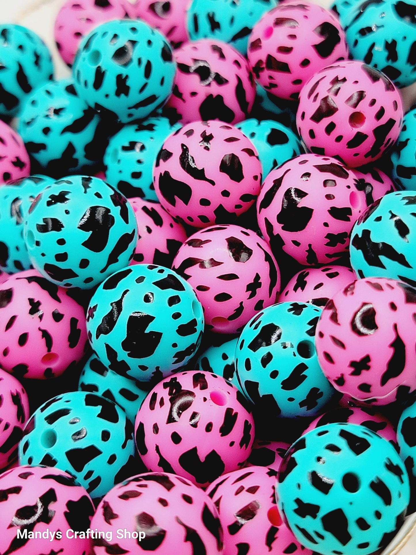 15mm Printed Turquoise or Hot Pink Cow Print Silicone Beads – Animal Print Round Beads for Pens & Wristlets