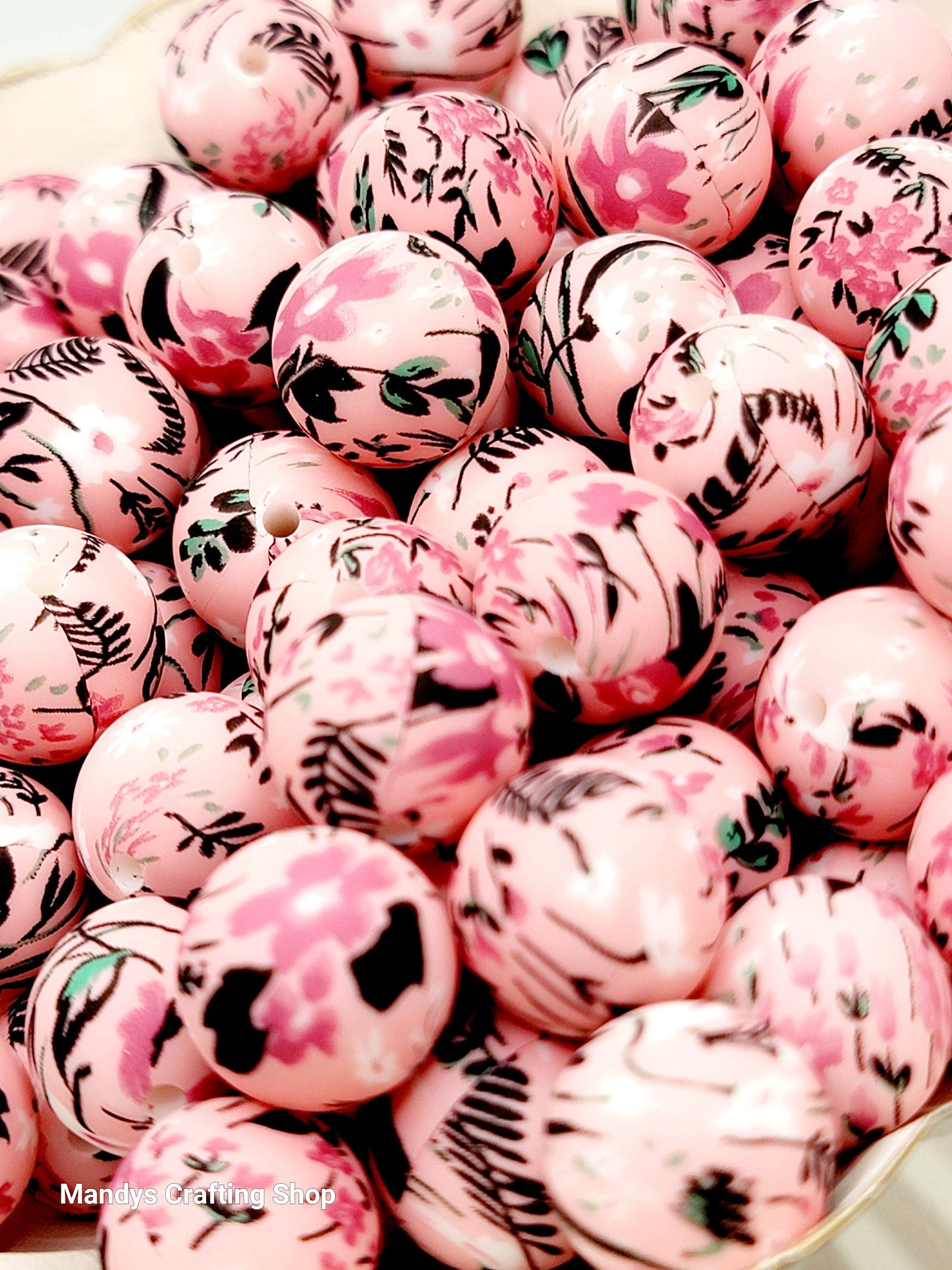 15mm Printed Pink Floral Print Silicone Bead – Round Flower Beads for Pens & Wristlets
