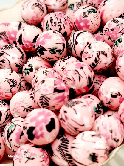 15mm Printed Pink Floral Print Silicone Bead – Round Flower Beads for Pens & Wristlets