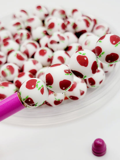 15mm Printed Red Apple Print Silicone Beads – Teacher School Theme Round Beads for Pens & Wristlets1