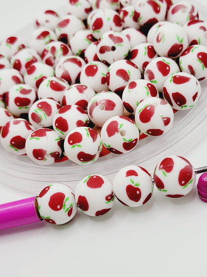 15mm Printed Red Apple Print Silicone Beads – Teacher School Theme Round Beads for Pens & Wristlets1