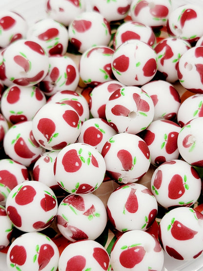 15mm Printed Red Apple Print Silicone Beads – Teacher School Theme Round Beads for Pens & Wristlets1