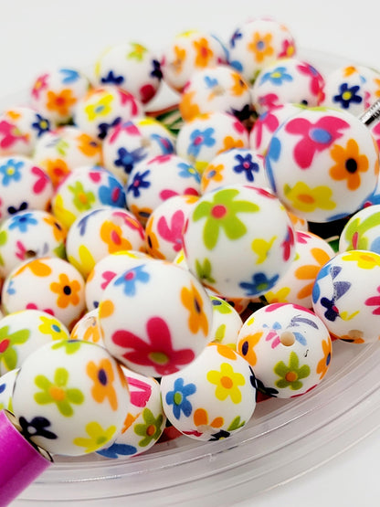 15mm Printed Bright Flower Print Silicone Beads – Round Floral Beads for Pens & Wristlets