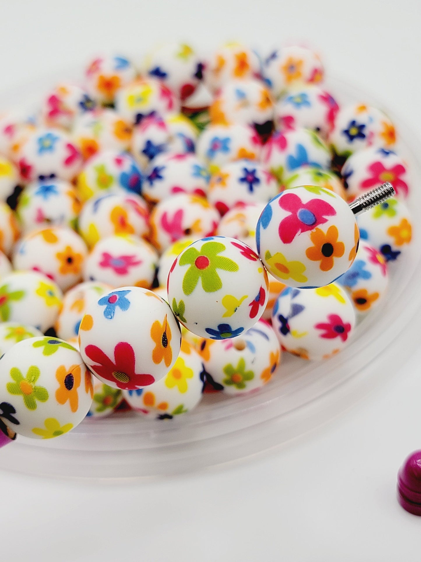 15mm Printed Bright Flower Print Silicone Beads – Round Floral Beads for Pens & Wristlets