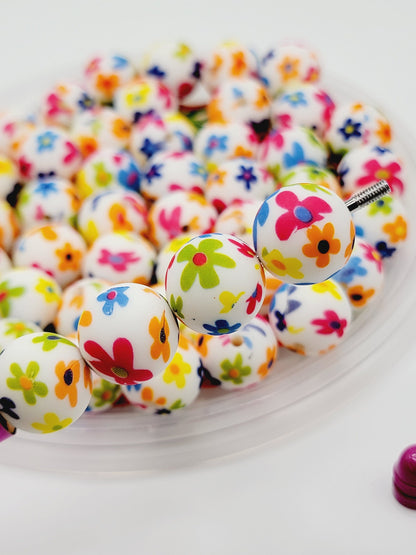 15mm Printed Bright Flower Print Silicone Beads – Round Floral Beads for Pens & Wristlets