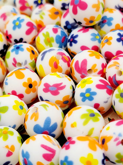 15mm Printed Bright Flower Print Silicone Beads – Round Floral Beads for Pens & Wristlets