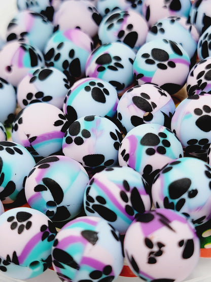 15mm Printed Purple, Pink & Blue Paw Print Silicone Beads – Round Pet Beads for Pens & Wristlets