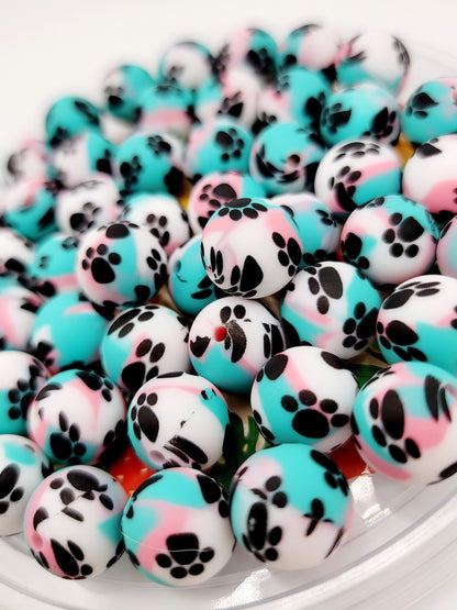 15mm Printed Turquoise Pink & White Paw Print Silicone Beads – Round Pet Beads for Pens & Wristlets
